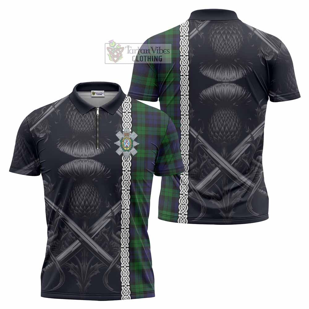 Tartan Vibes Clothing Black Watch Tartan Zipper Polo Shirt with Family Crest Cross Sword Thistle Celtic Vibes