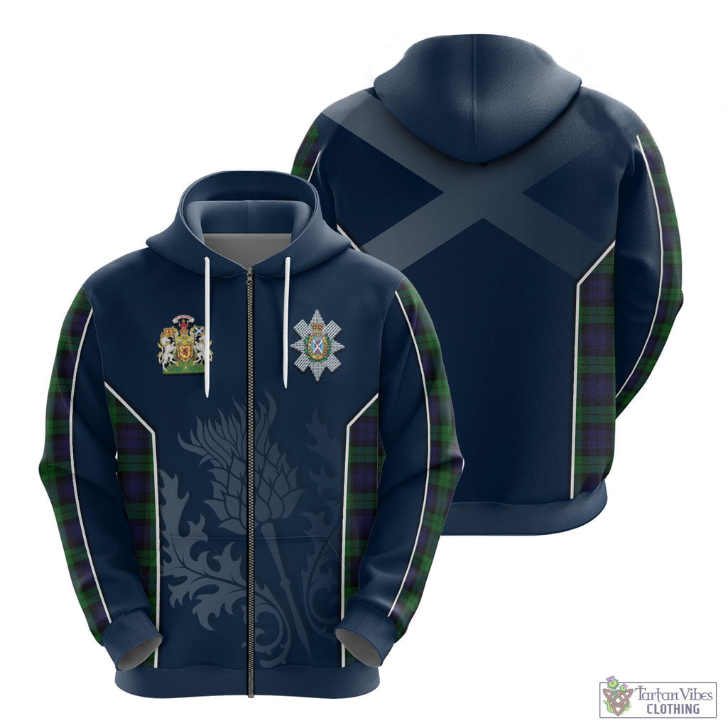 Tartan Vibes Clothing Black Watch Tartan Hoodie with Family Crest and Scottish Thistle Vibes Sport Style