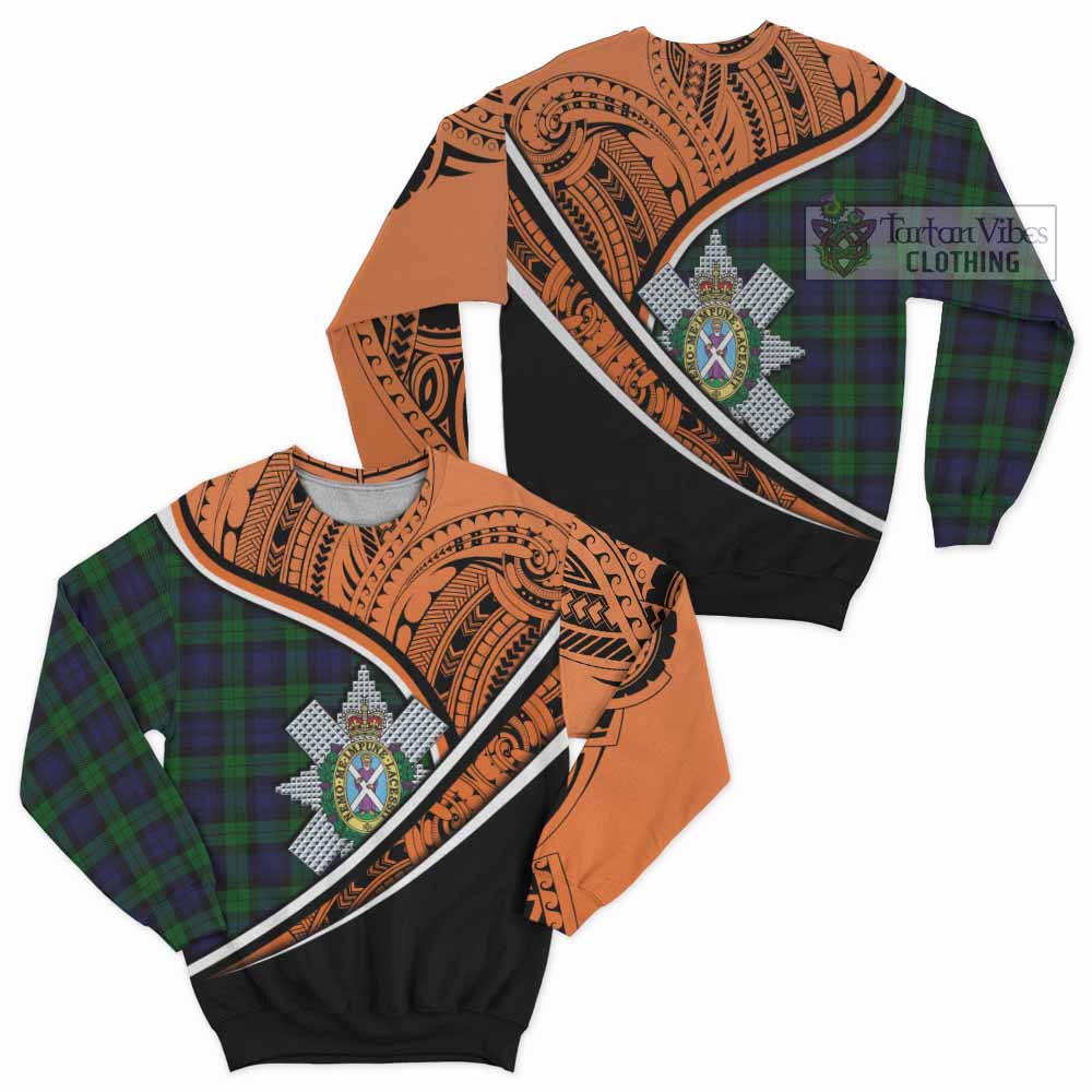 Tartan Vibes Clothing Black Watch Crest Tartan Sweatshirt with Maori Tattoo Style - Orange Version