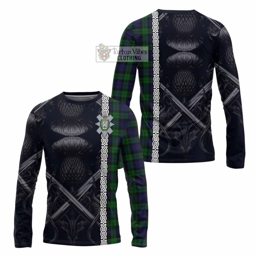 Tartan Vibes Clothing Black Watch Tartan Long Sleeve T-Shirt with Family Crest Cross Sword Thistle Celtic Vibes