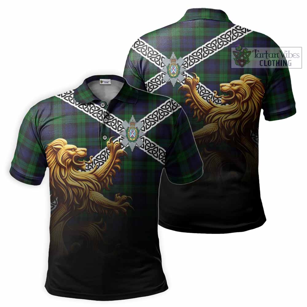 Black Watch Crest Tartan Polo Shirt with Golden Lion Emblem Celtic Style - Tartan Vibes Clothing