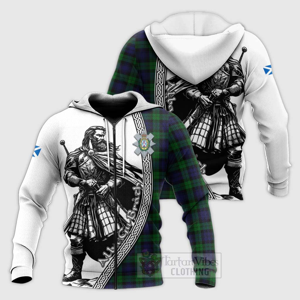 Tartan Vibes Clothing Black Watch Tartan Clan Crest Knitted Hoodie with Highlander Warrior Celtic Style