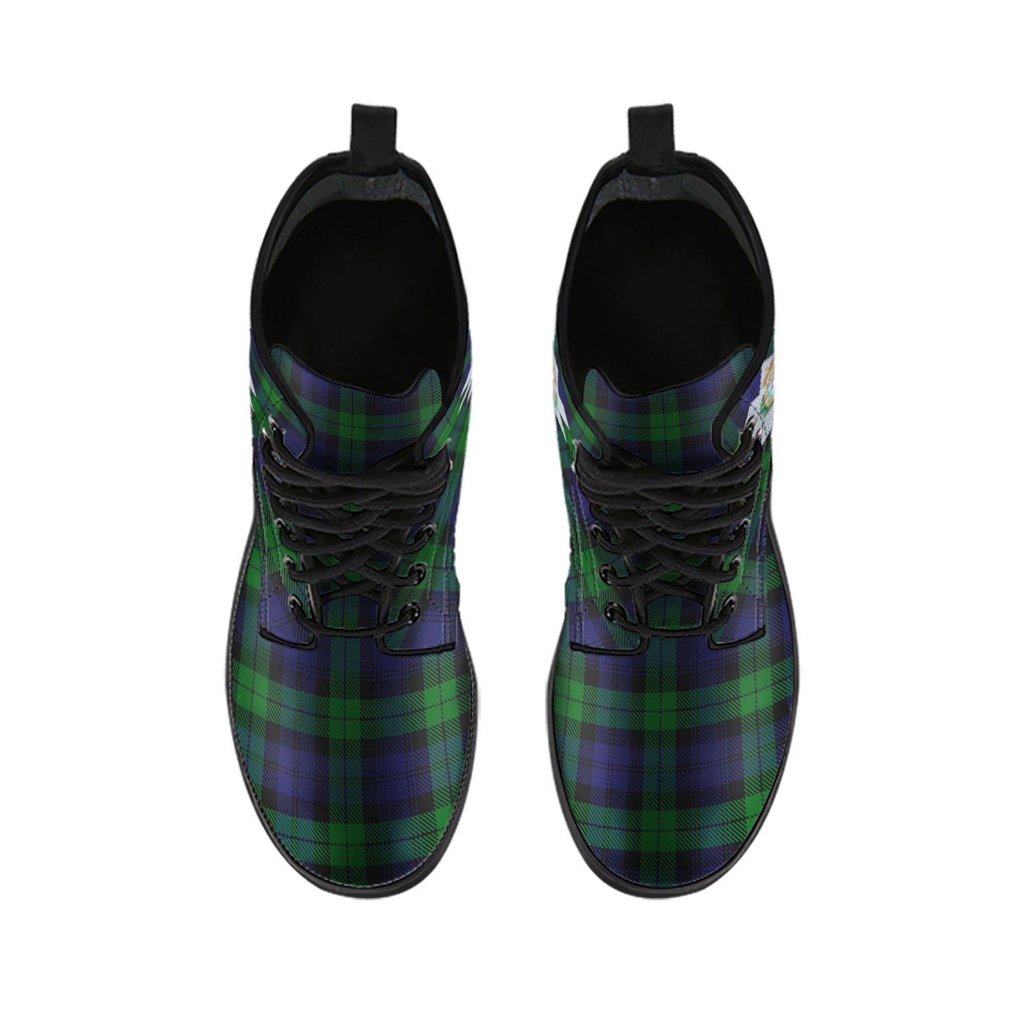 Black Watch Tartan Leather Boots with Family Crest - Tartanvibesclothing