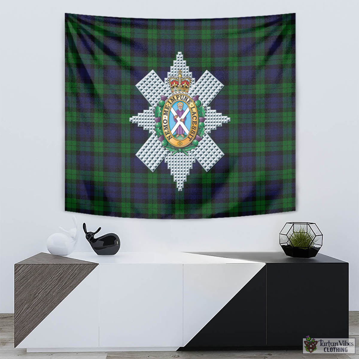 Tartan Vibes Clothing Black Watch Tartan Tapestry Wall Hanging and Home Decor for Room with Family Crest