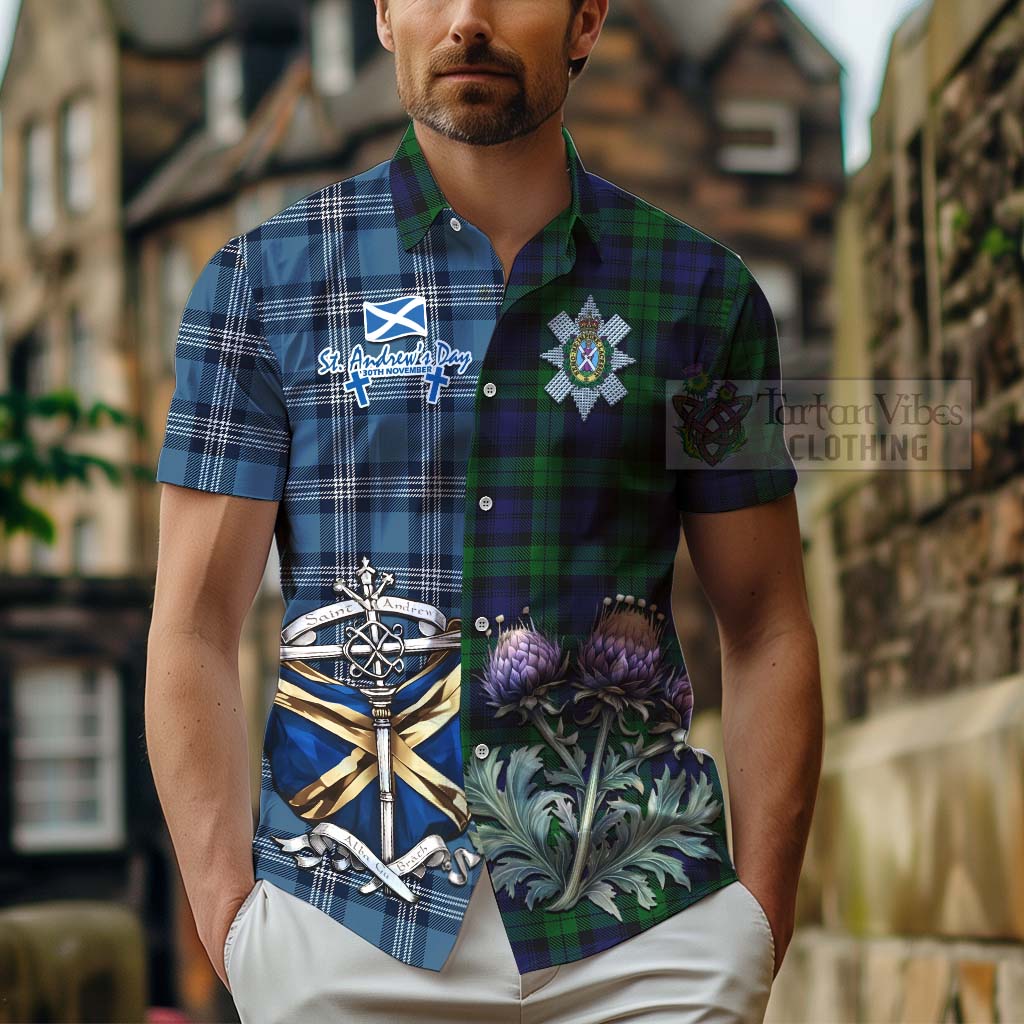 Tartan Vibes Clothing Black Watch Tartan Short Sleeve Button Shirt Happy St. Andrew's Day Half Tartan Style