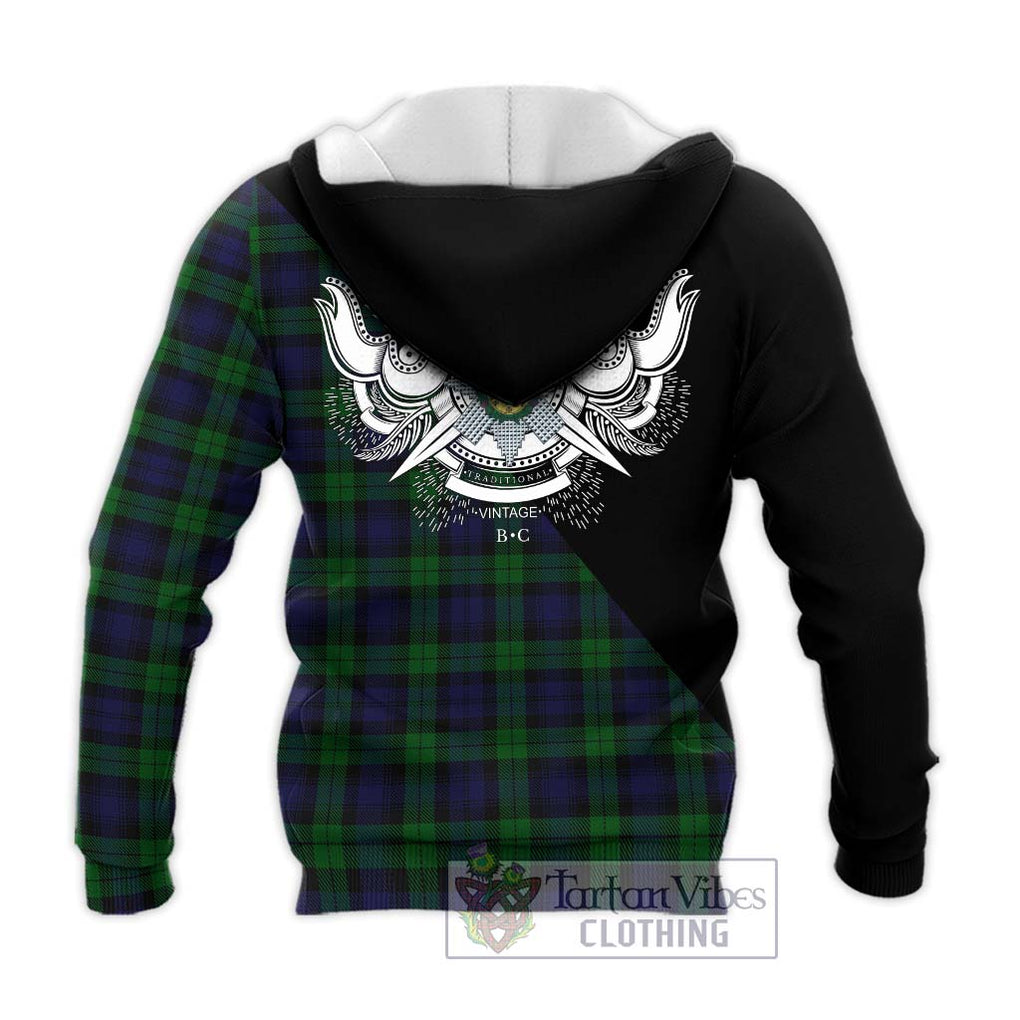 Black Watch Tartan Knitted Hoodie with Family Crest and Military Logo Style - Tartanvibesclothing Shop