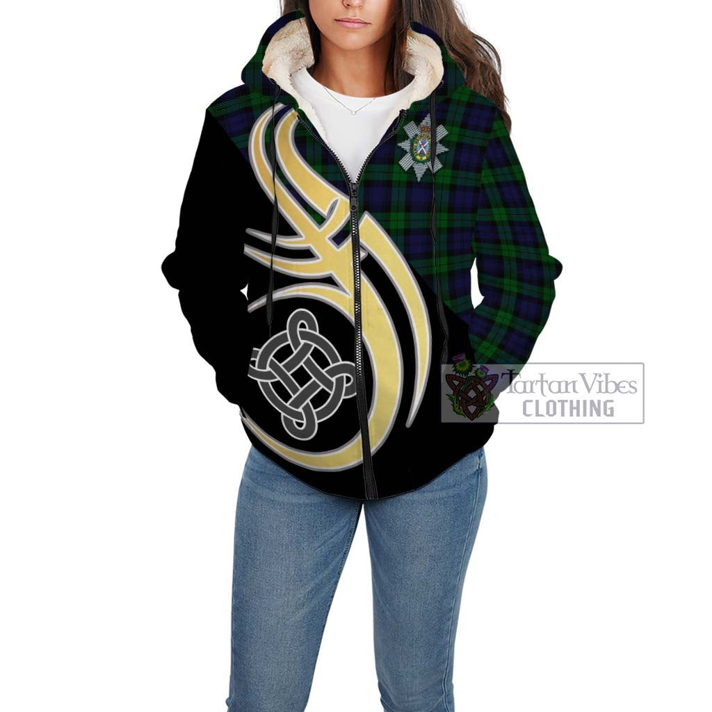 Black Watch Tartan Sherpa Hoodie with Family Crest and Celtic Symbol Style Unisex - Tartan Vibes Clothing