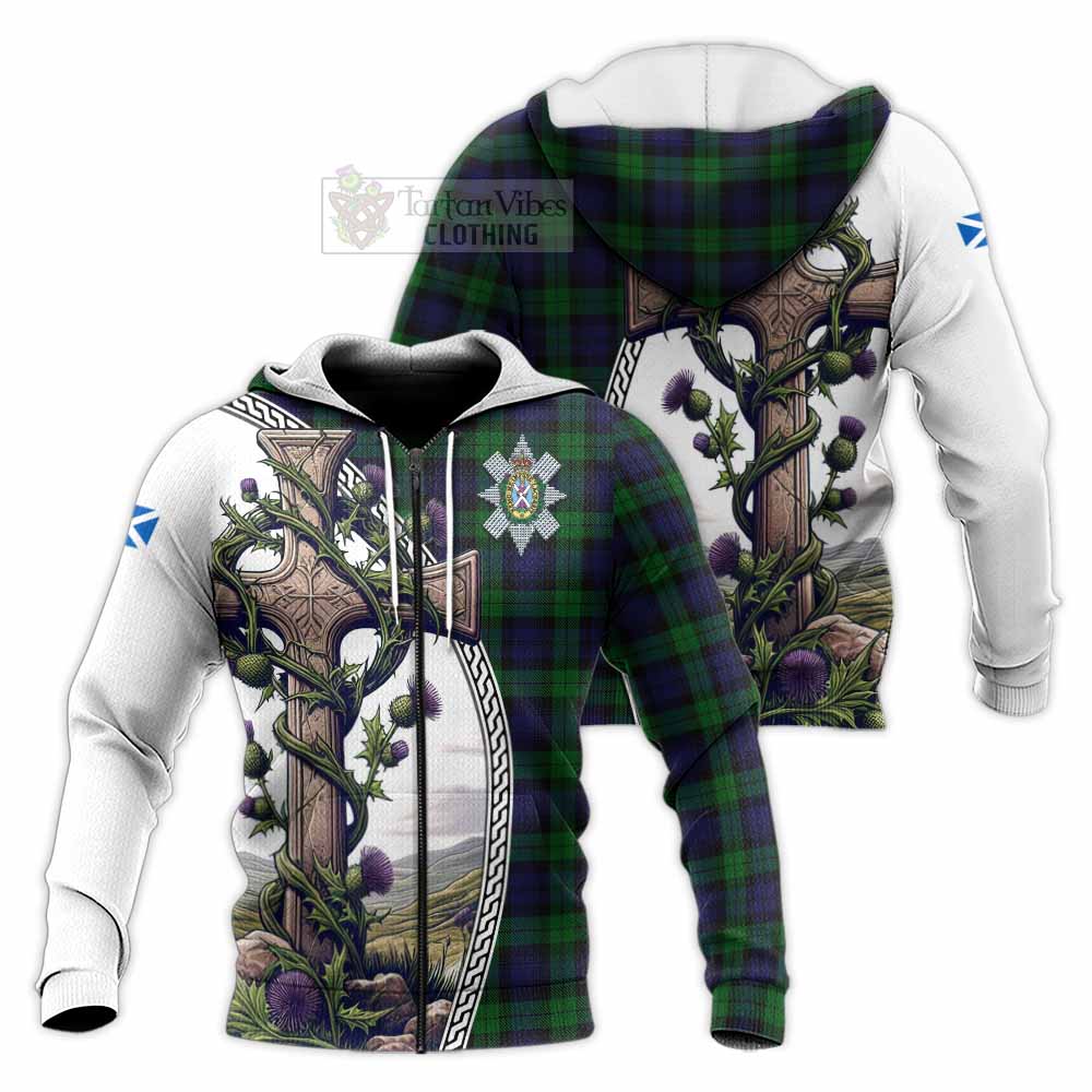 Tartan Vibes Clothing Black Watch Tartan Knitted Hoodie with Family Crest and St. Andrew's Cross Accented by Thistle Vines