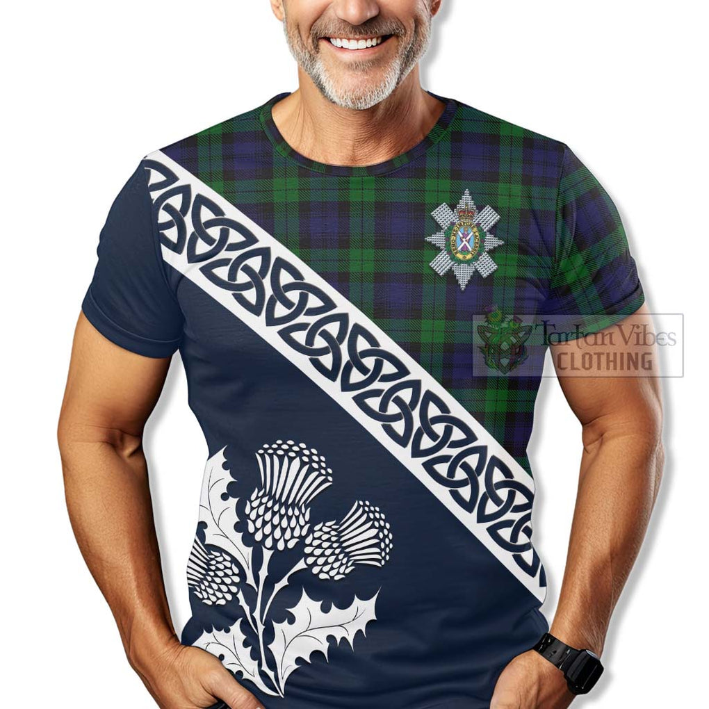 Black Watch Tartan T-Shirt Featuring Thistle and Scotland Map