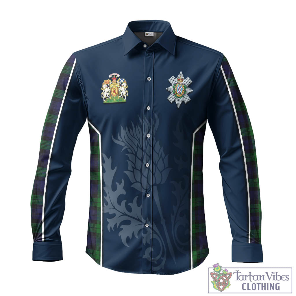 Tartan Vibes Clothing Black Watch Tartan Long Sleeve Button Up Shirt with Family Crest and Scottish Thistle Vibes Sport Style