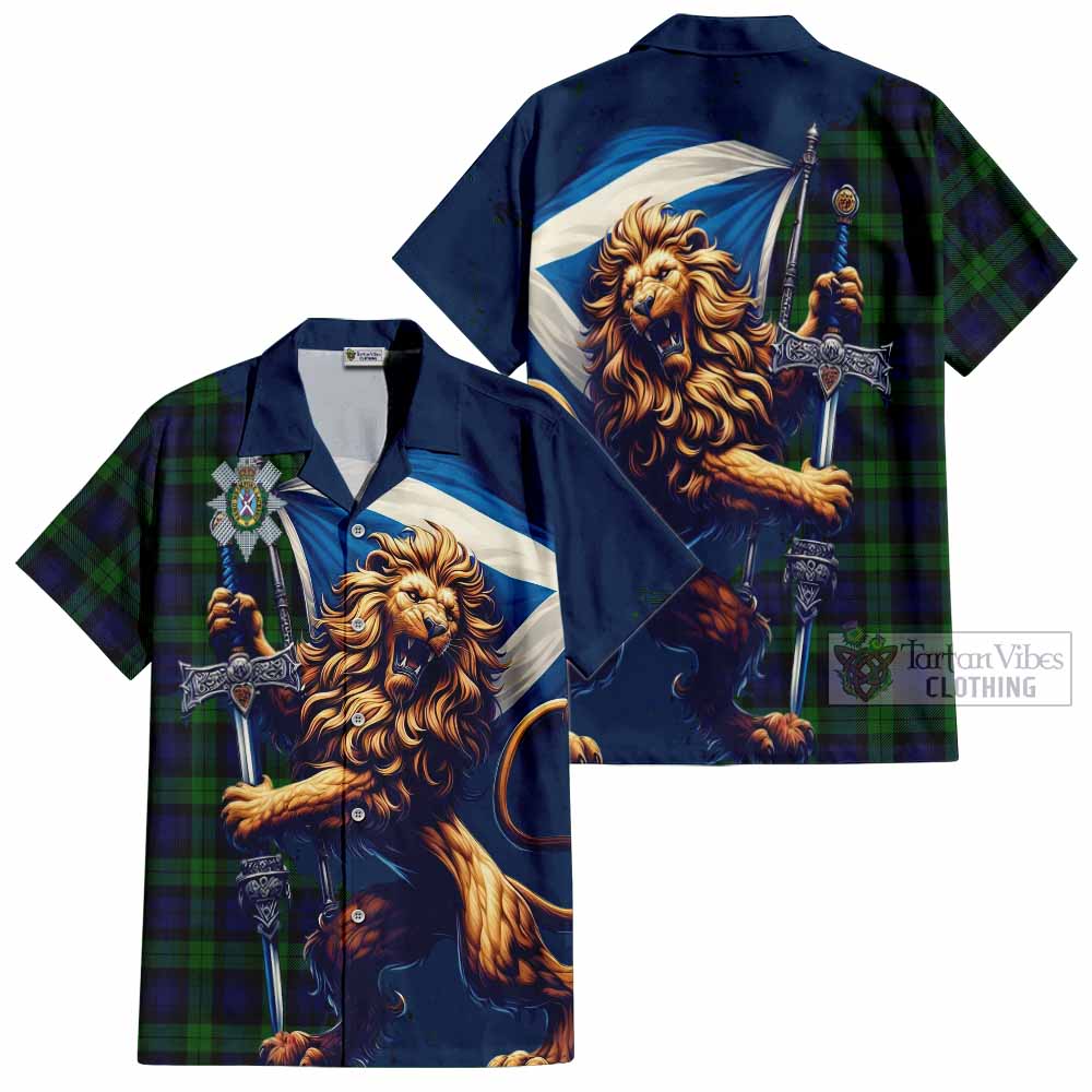 Tartan Vibes Clothing Black Watch Tartan Family Crest Short Sleeve Button Shirt with Scottish Majestic Lion