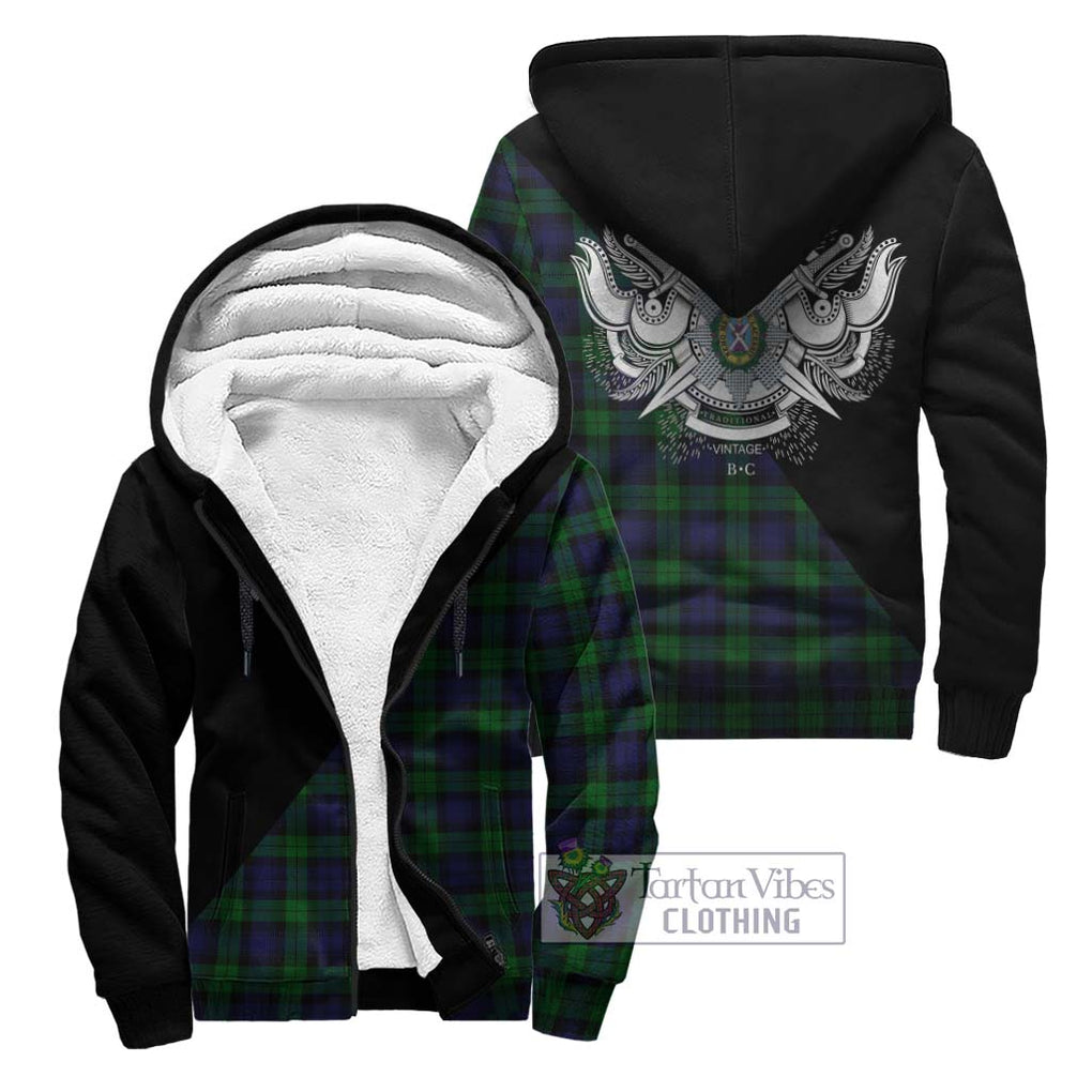 Black Watch Tartan Sherpa Hoodie with Family Crest and Military Logo Style Unisex - Tartanvibesclothing Shop