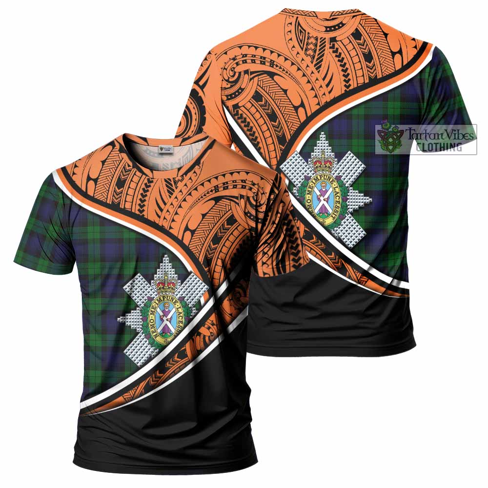 Tartan Vibes Clothing Black Watch Crest Tartan T-Shirt with Maori Tattoo Style - Orange Version