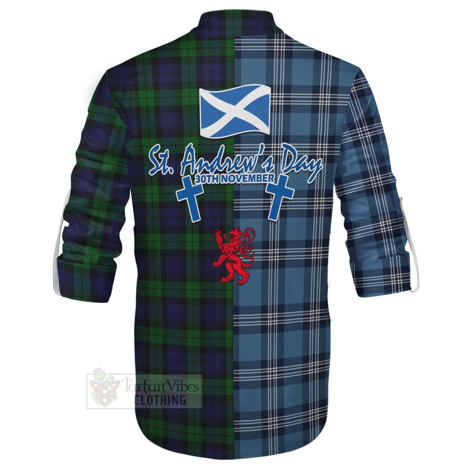 Tartan Vibes Clothing Black Watch Tartan Ghillie Kilt Shirt Happy St. Andrew's Day Half Tartan Style