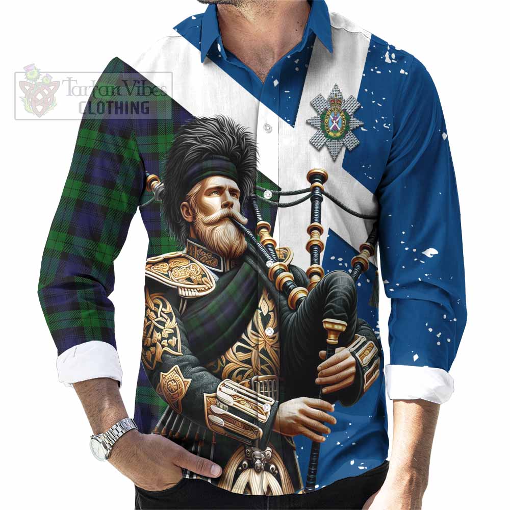 Tartan Vibes Clothing Black Watch Tartan Long Sleeve Button Shirt with Family Crest Scottish Bagpiper Vibes