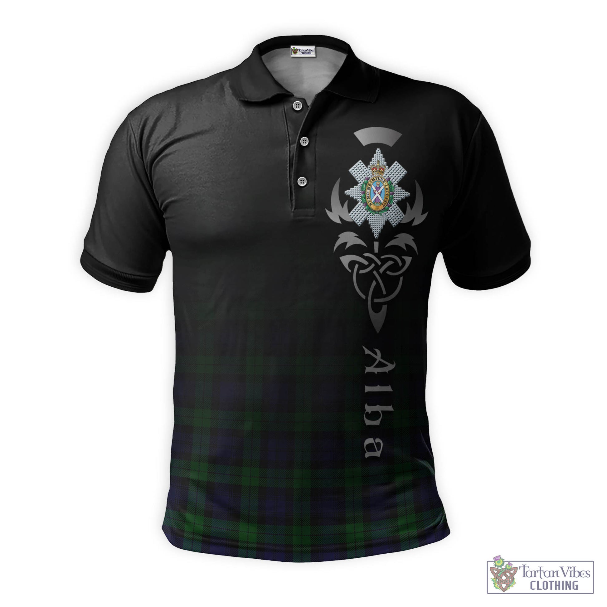 Tartan Vibes Clothing Black Watch Tartan Polo Shirt Featuring Alba Gu Brath Family Crest Celtic Inspired