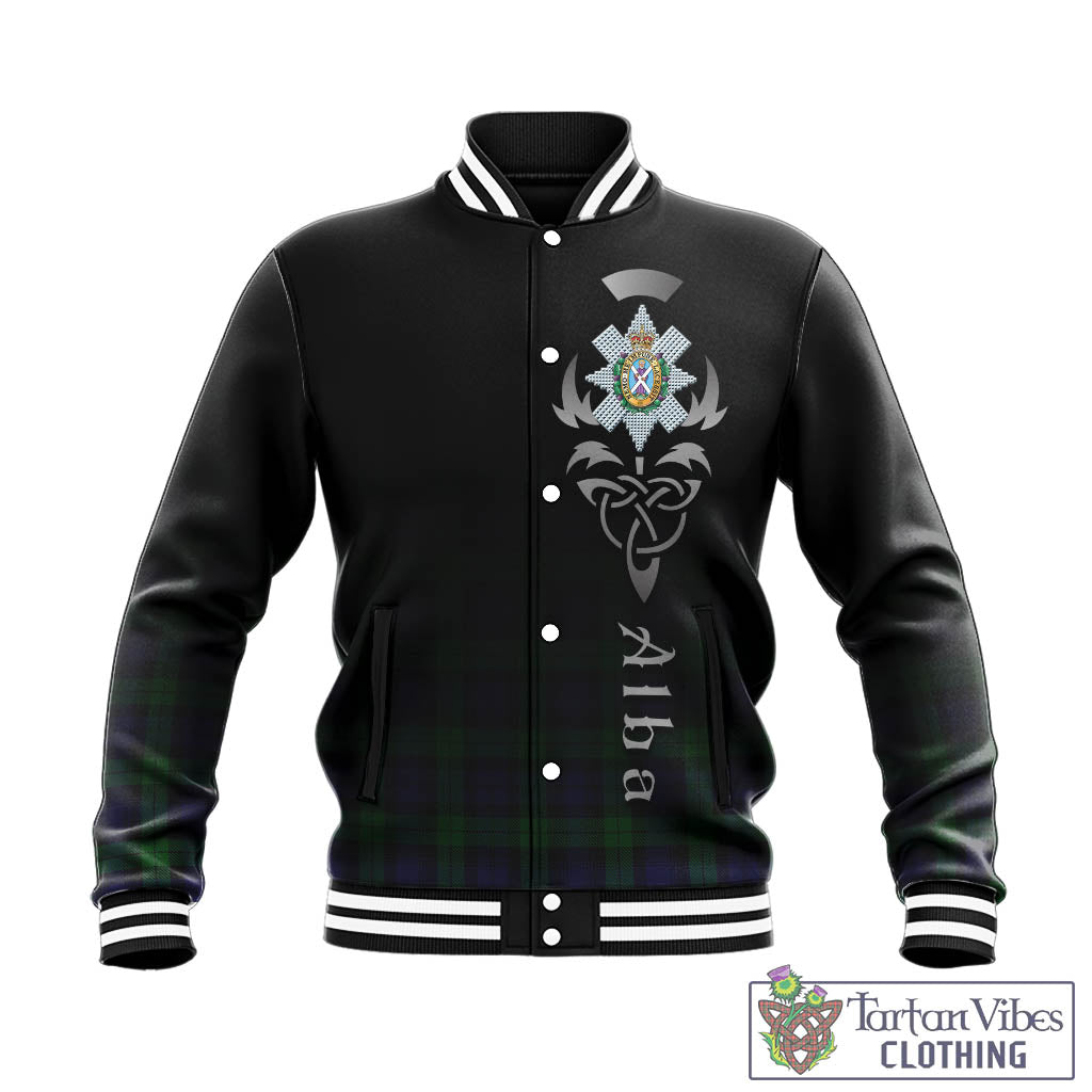 Tartan Vibes Clothing Black Watch Tartan Baseball Jacket Featuring Alba Gu Brath Family Crest Celtic Inspired