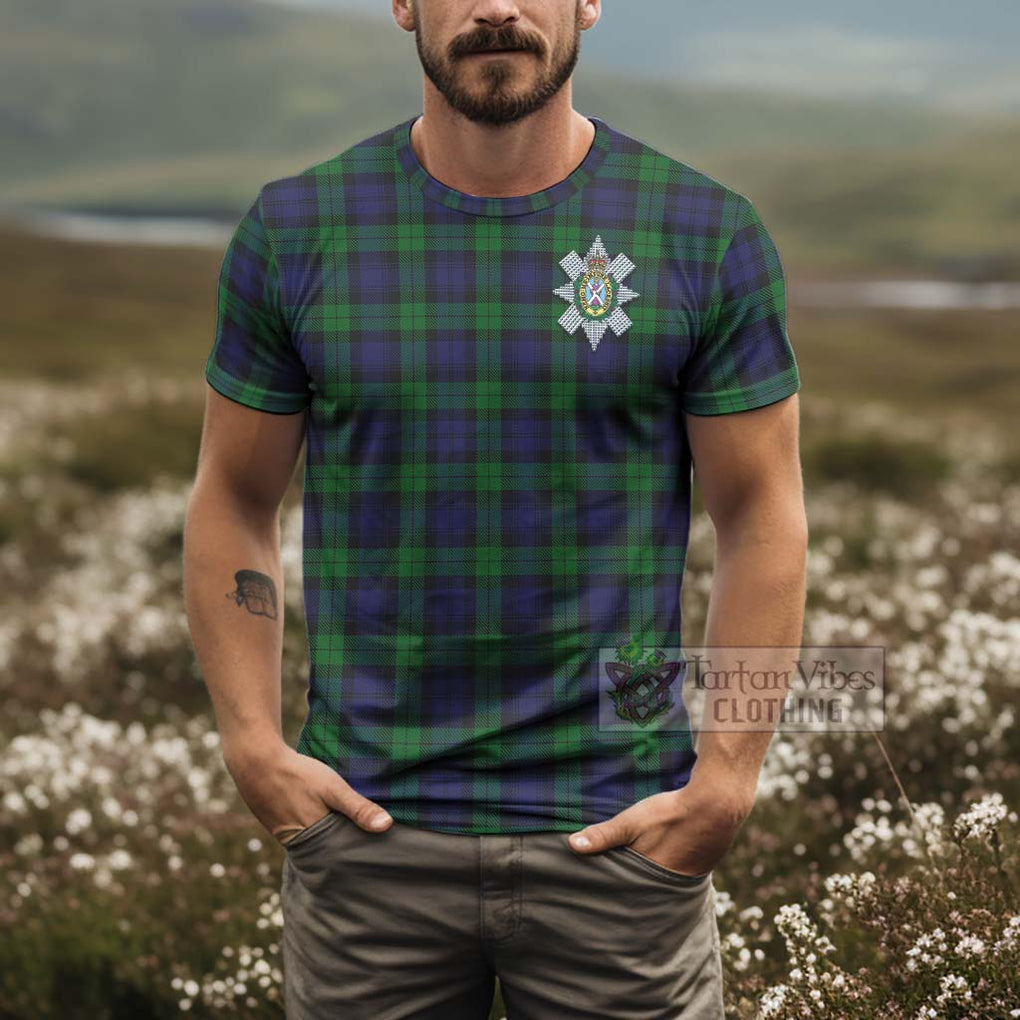 Tartan Vibes Clothing Black Watch Tartan T-Shirt with Family Crest and Bearded Skull Holding Bottles of Whiskey