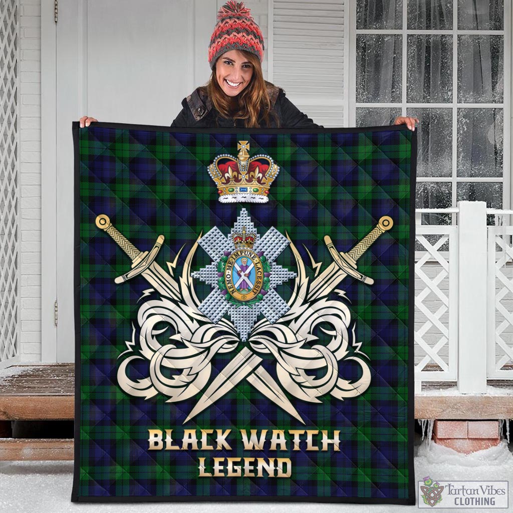 Tartan Vibes Clothing Black Watch Tartan Quilt with Clan Crest and the Golden Sword of Courageous Legacy