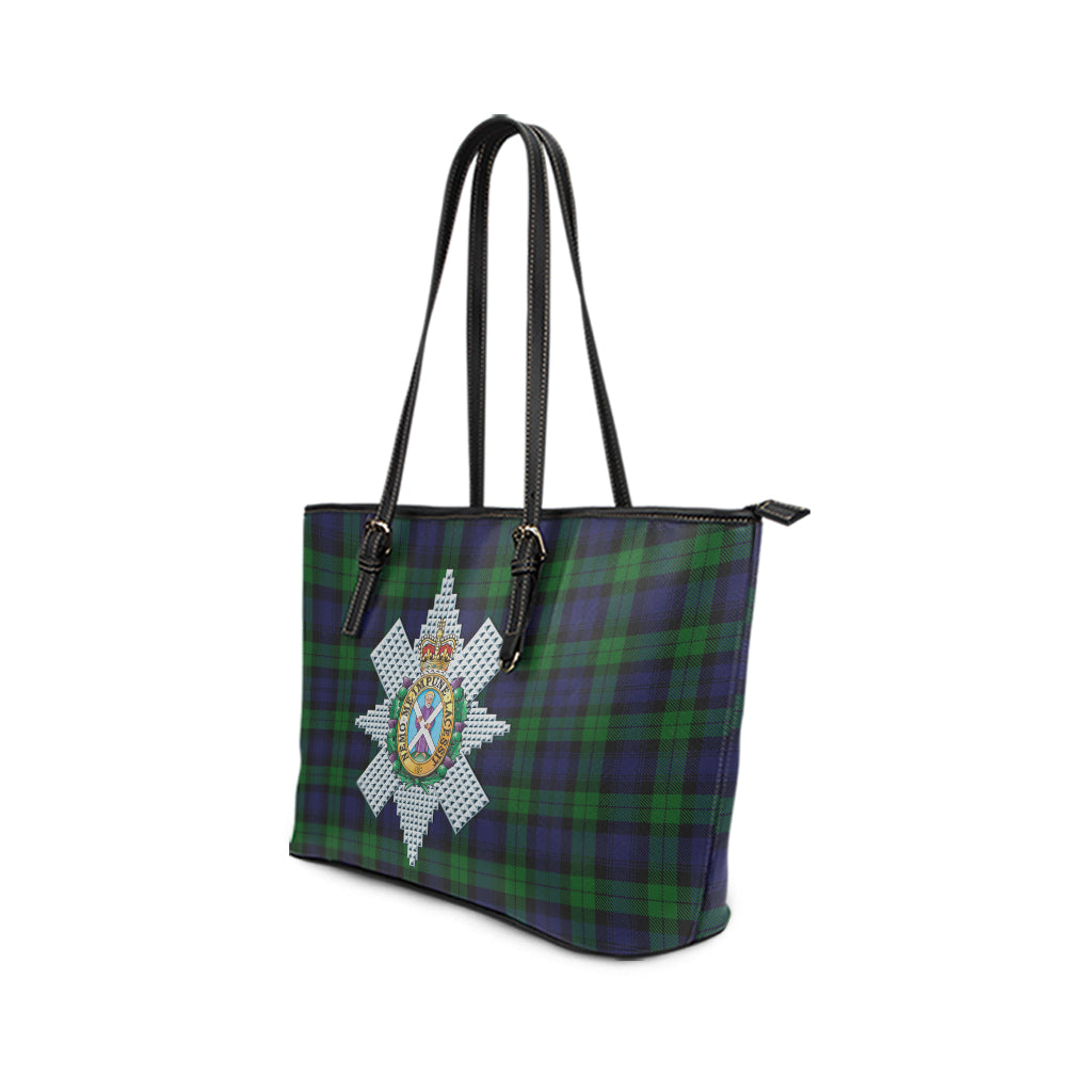 Black Watch Tartan Leather Tote Bag with Family Crest - Tartanvibesclothing