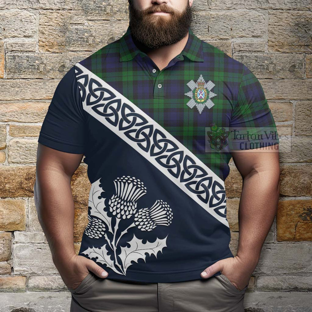 Black Watch Tartan Polo Shirt Featuring Thistle and Scotland Map