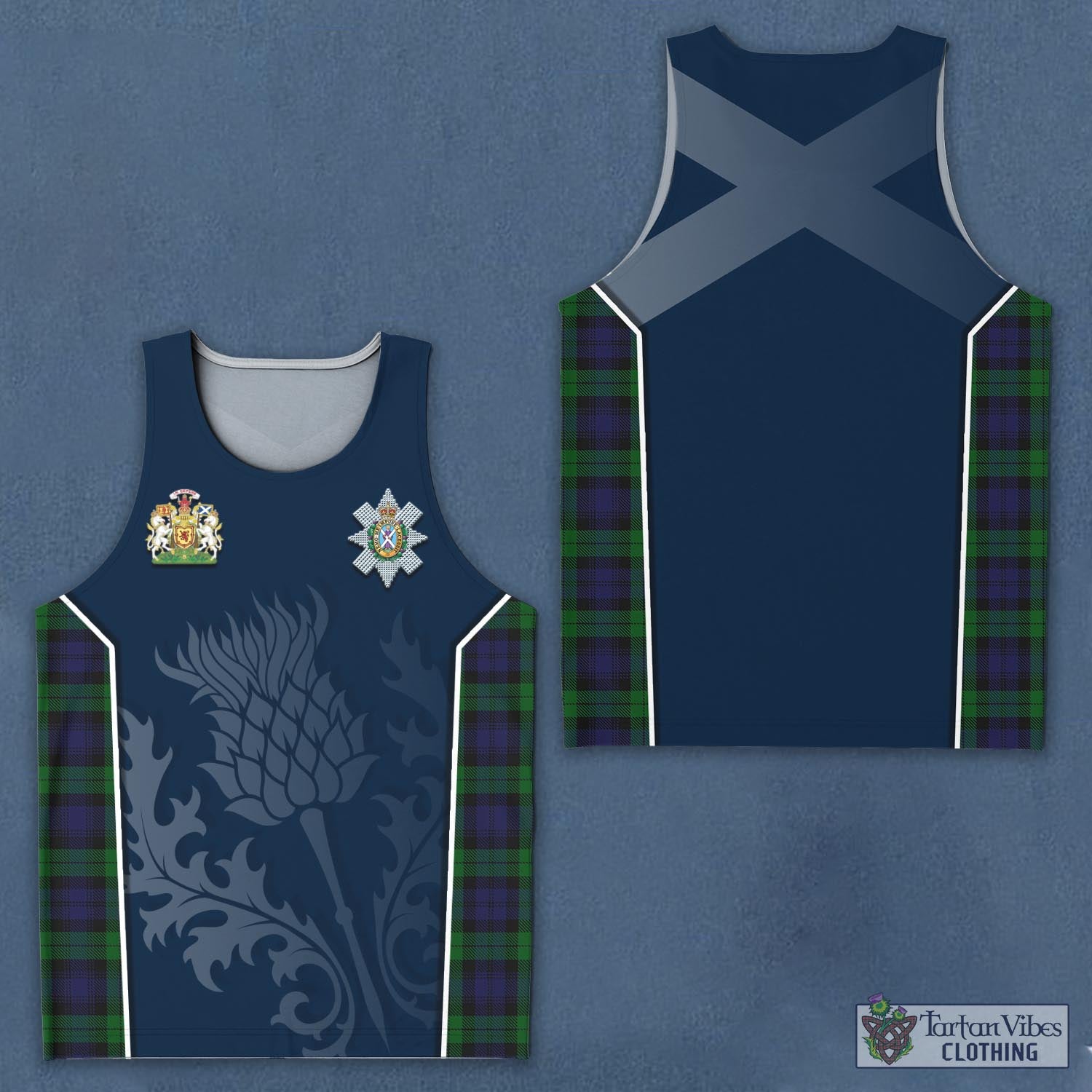 Tartan Vibes Clothing Black Watch Tartan Men's Tanks Top with Family Crest and Scottish Thistle Vibes Sport Style