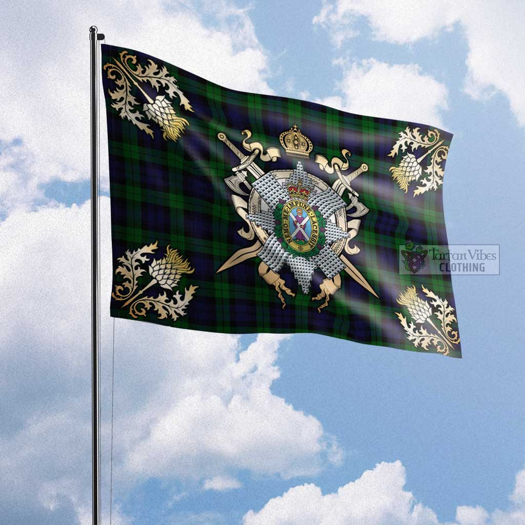 Tartan Vibes Clothing Black Watch Tartan Flag with Family Crest and Golden Thistle Crossed Sword Design