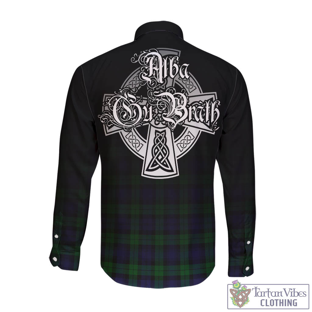 Tartan Vibes Clothing Black Watch Tartan Long Sleeve Button Up Featuring Alba Gu Brath Family Crest Celtic Inspired