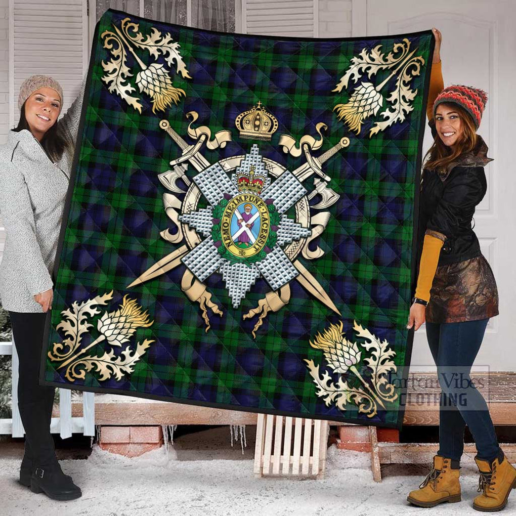 Tartan Vibes Clothing Black Watch Tartan Quilt with Family Crest and Scottish Golden Courage Shield