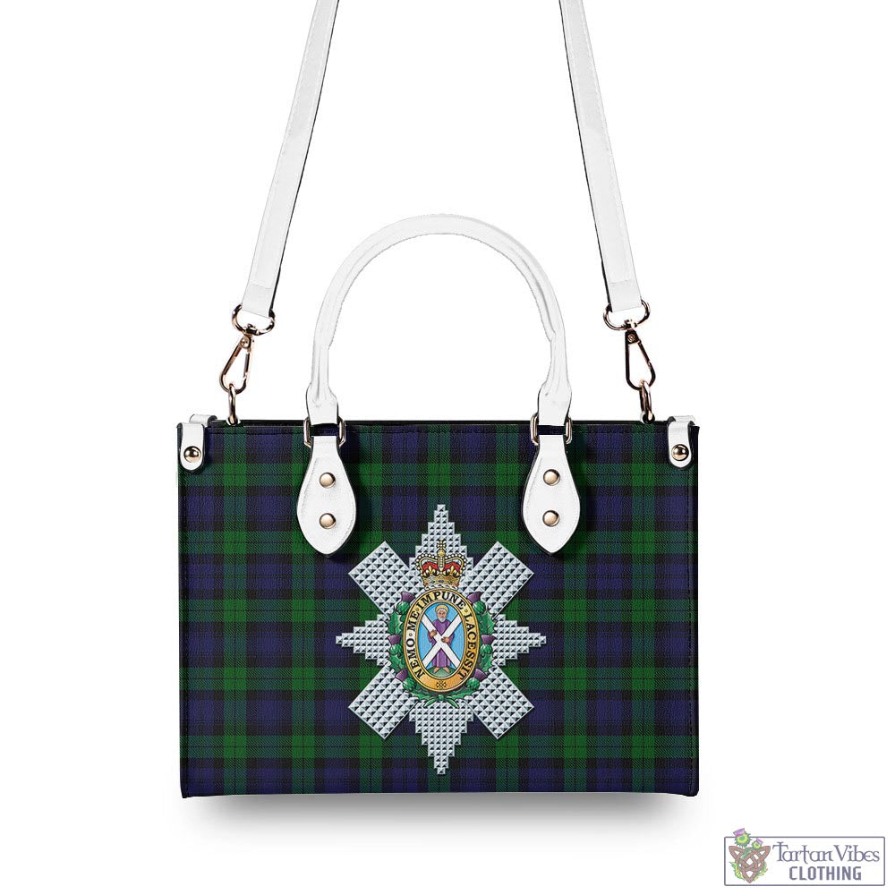 Tartan Vibes Clothing Black Watch Tartan Luxury Leather Handbags with Family Crest