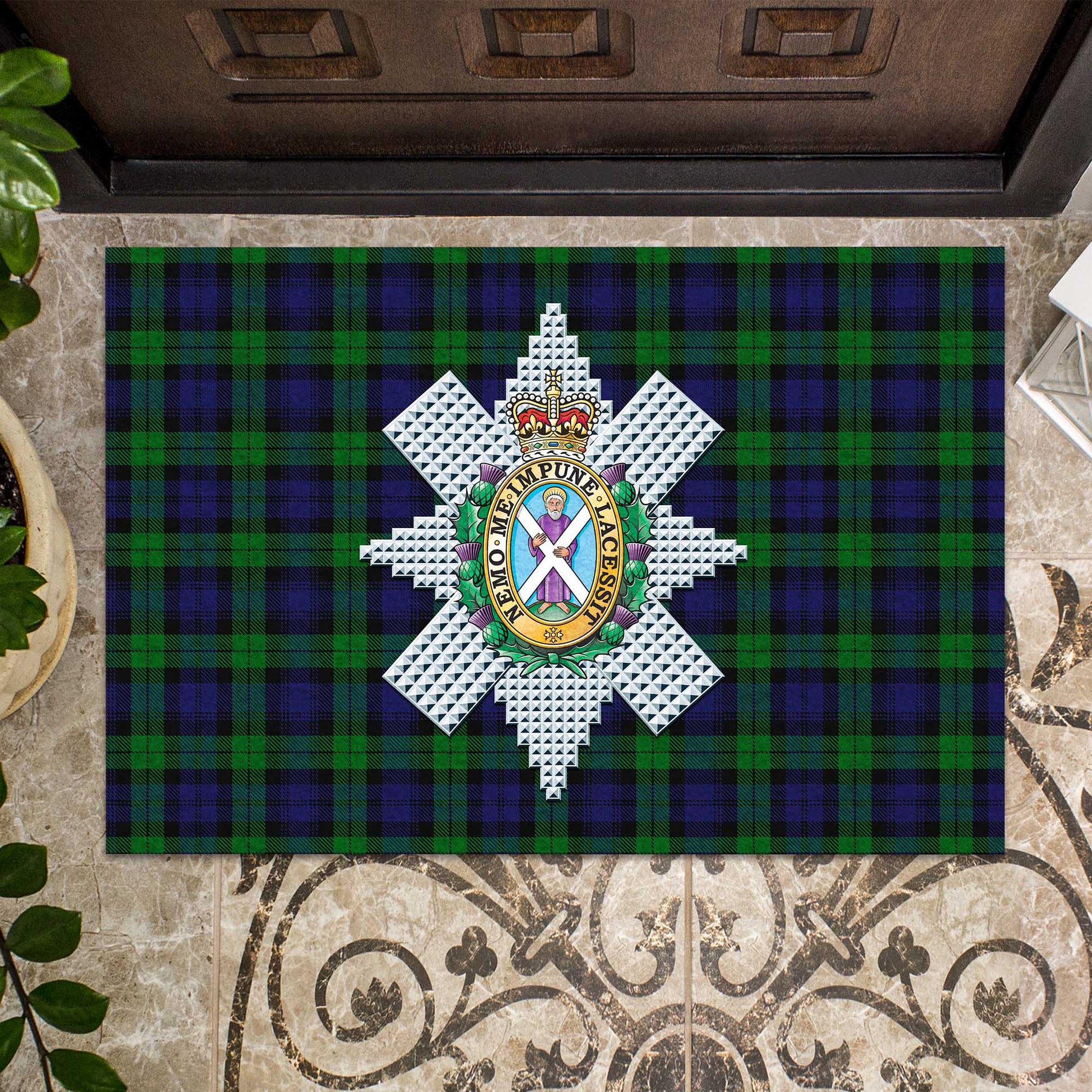 Black Watch Tartan Door Mat with Family Crest - Tartanvibesclothing