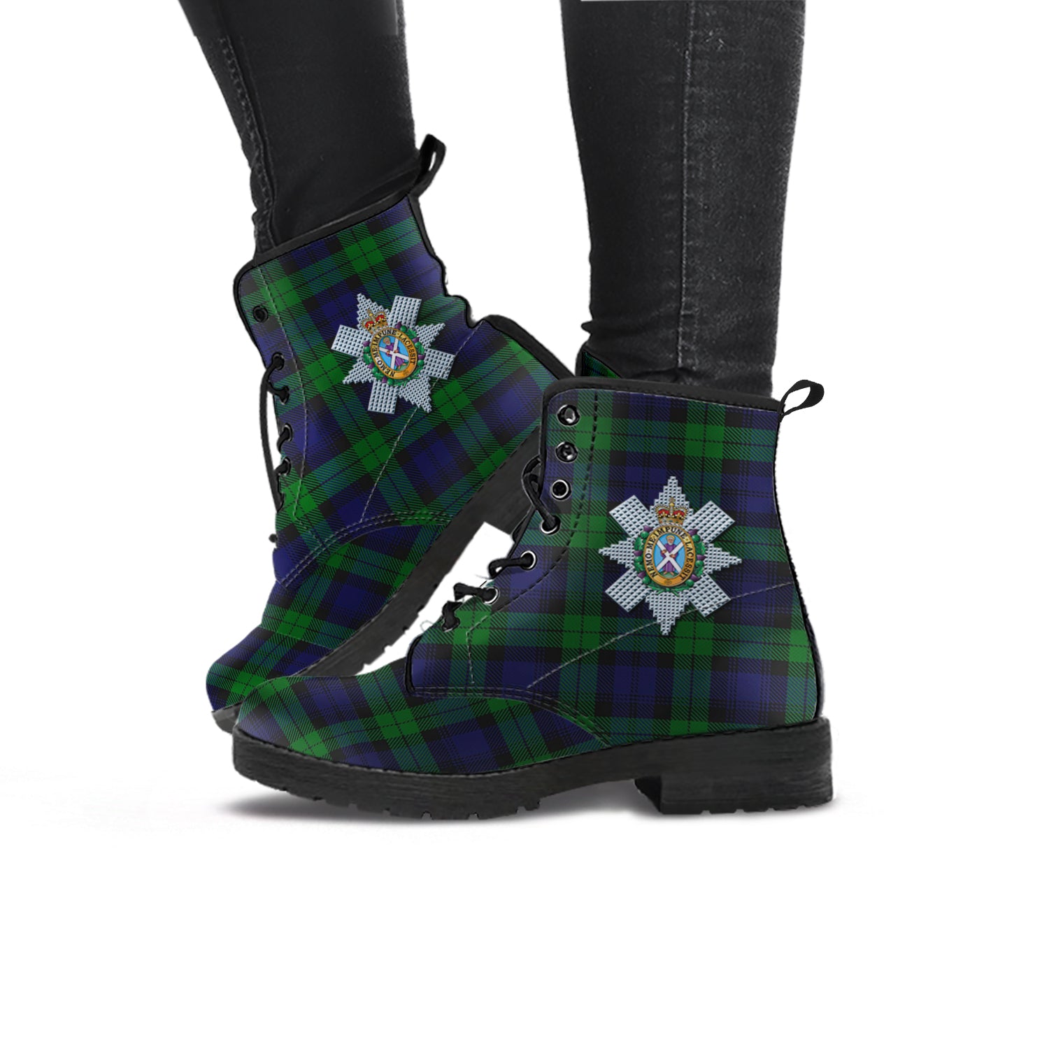 Black Watch Tartan Leather Boots with Family Crest - Tartanvibesclothing