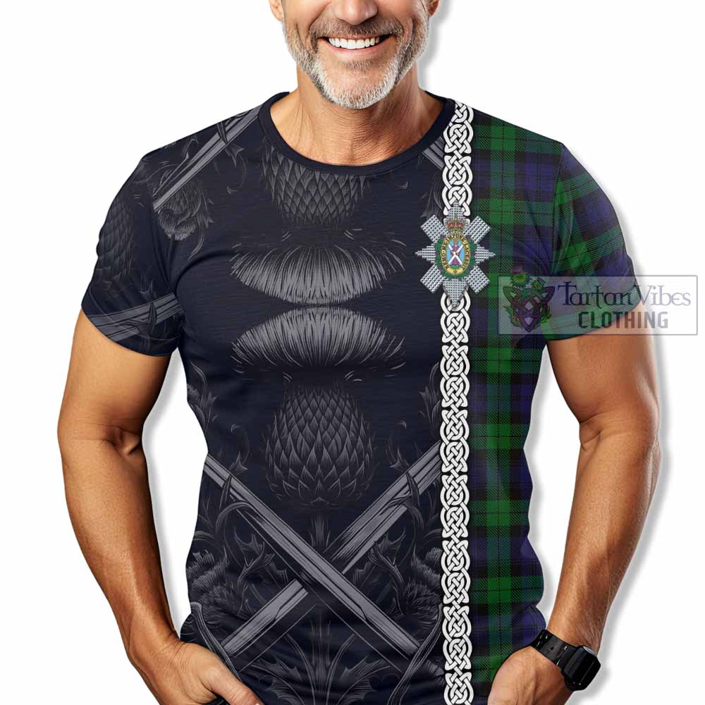 Tartan Vibes Clothing Black Watch Tartan T-Shirt with Family Crest Cross Sword Thistle Celtic Vibes