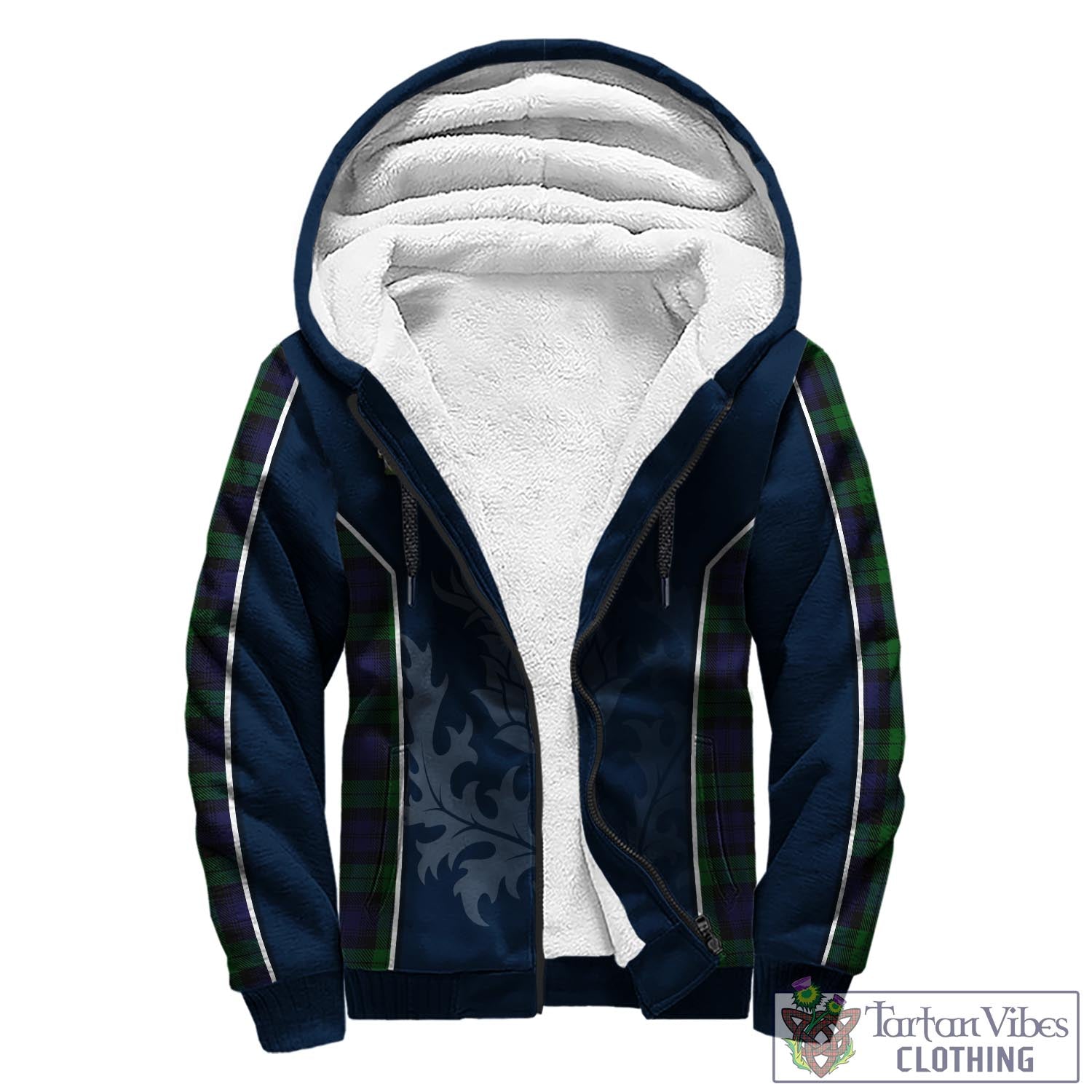 Tartan Vibes Clothing Black Watch Tartan Sherpa Hoodie with Family Crest and Scottish Thistle Vibes Sport Style