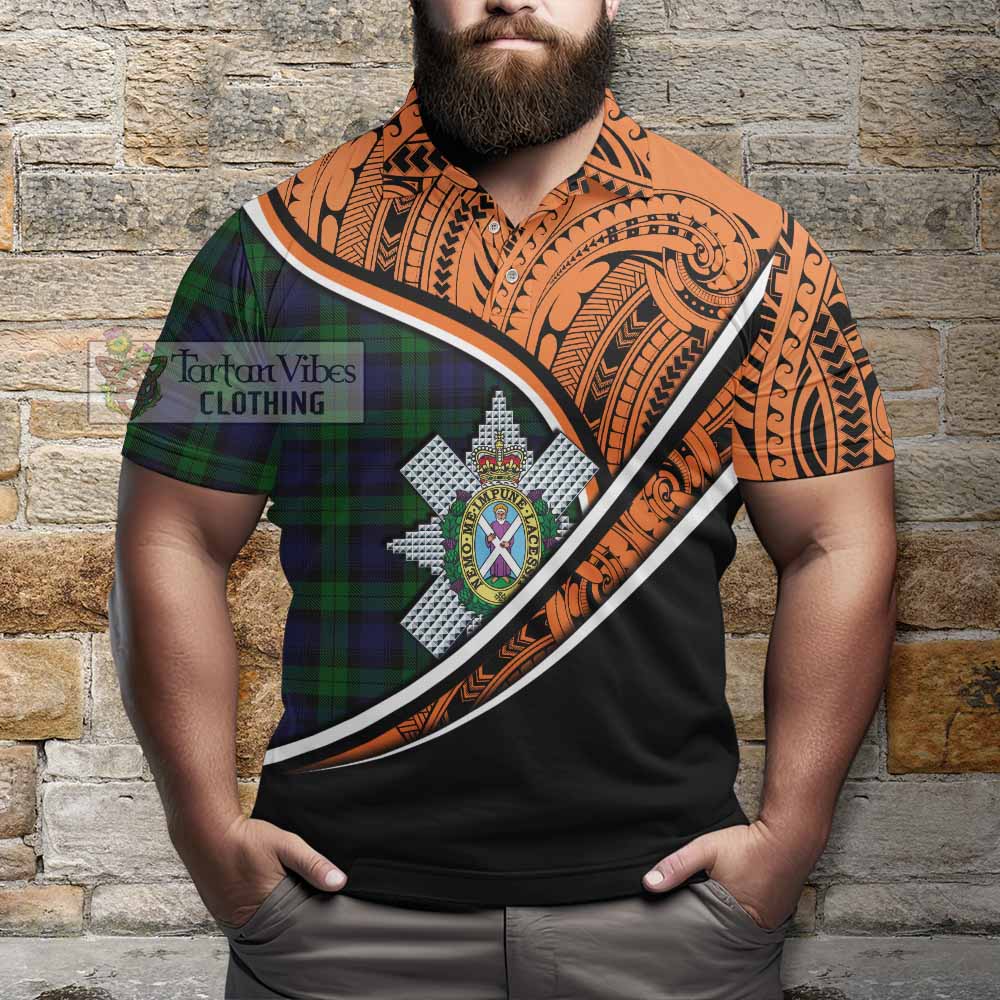 Tartan Vibes Clothing Black Watch Crest Tartan Polo Shirt with Maori Tattoo Style - Orange Version