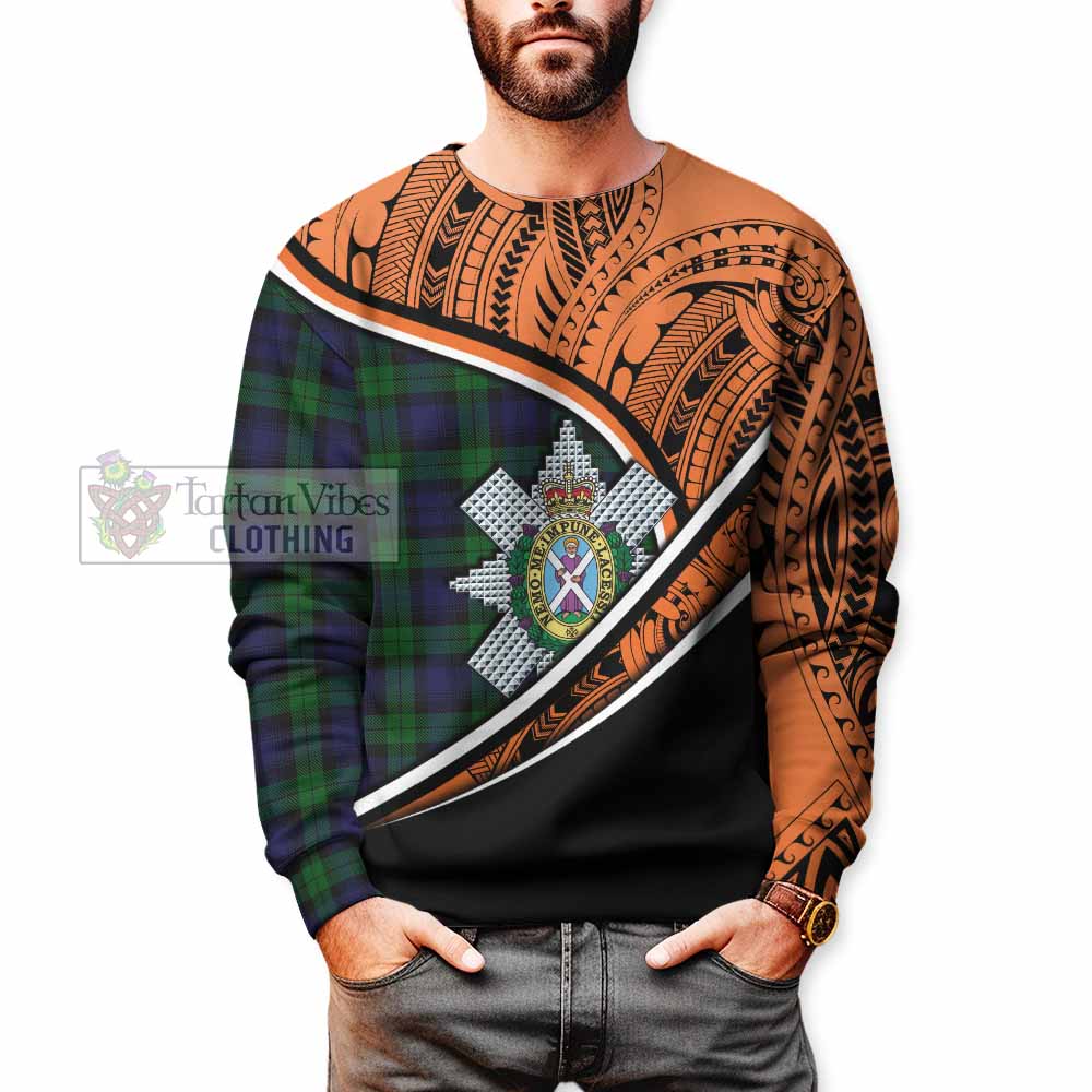 Tartan Vibes Clothing Black Watch Crest Tartan Sweatshirt with Maori Tattoo Style - Orange Version