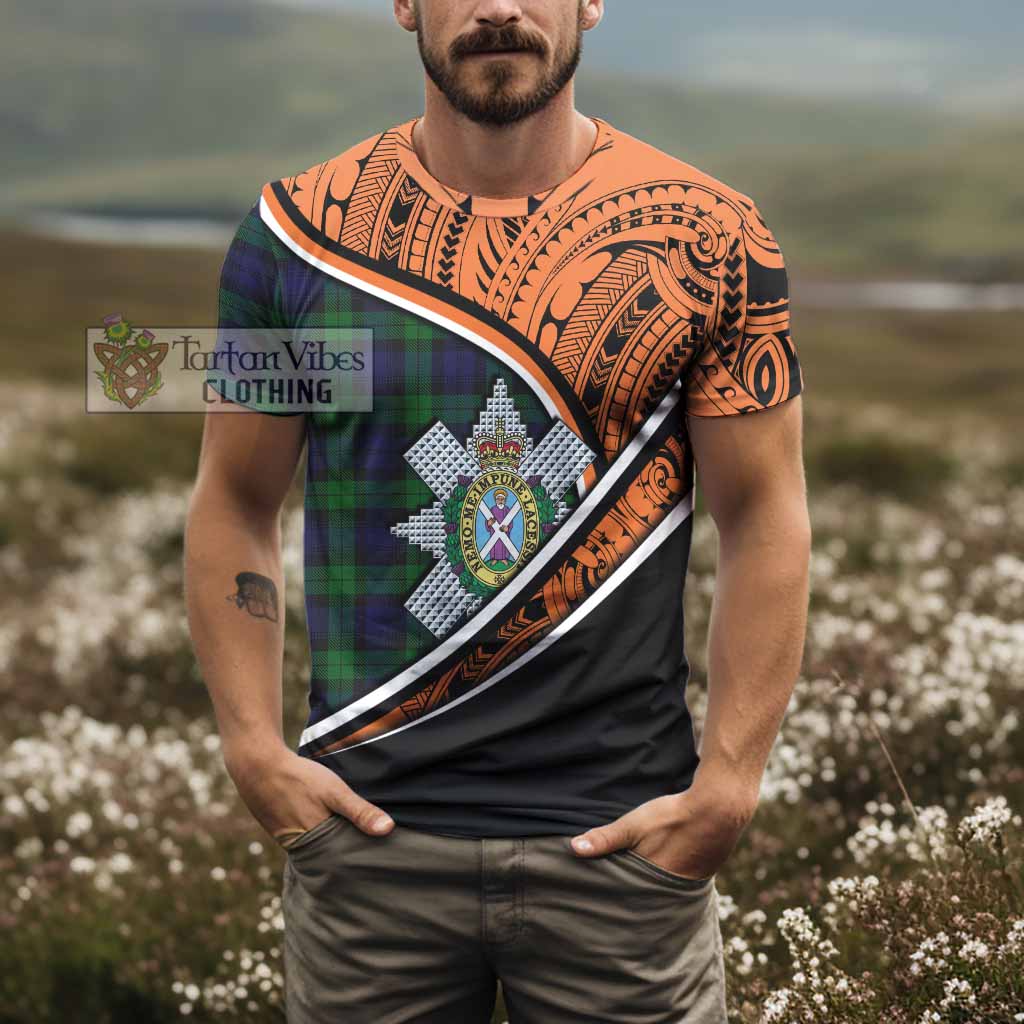 Tartan Vibes Clothing Black Watch Crest Tartan T-Shirt with Maori Tattoo Style - Orange Version