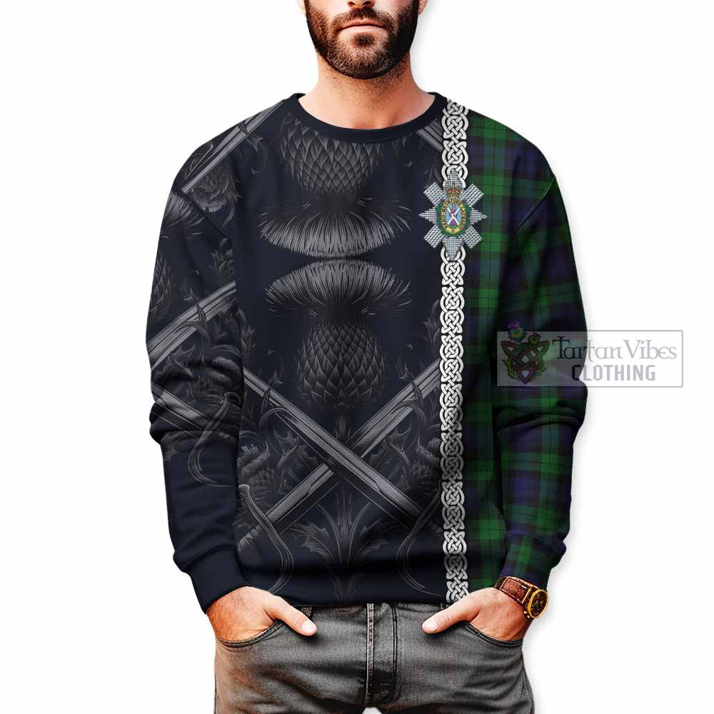 Tartan Vibes Clothing Black Watch Tartan Sweatshirt with Family Crest Cross Sword Thistle Celtic Vibes