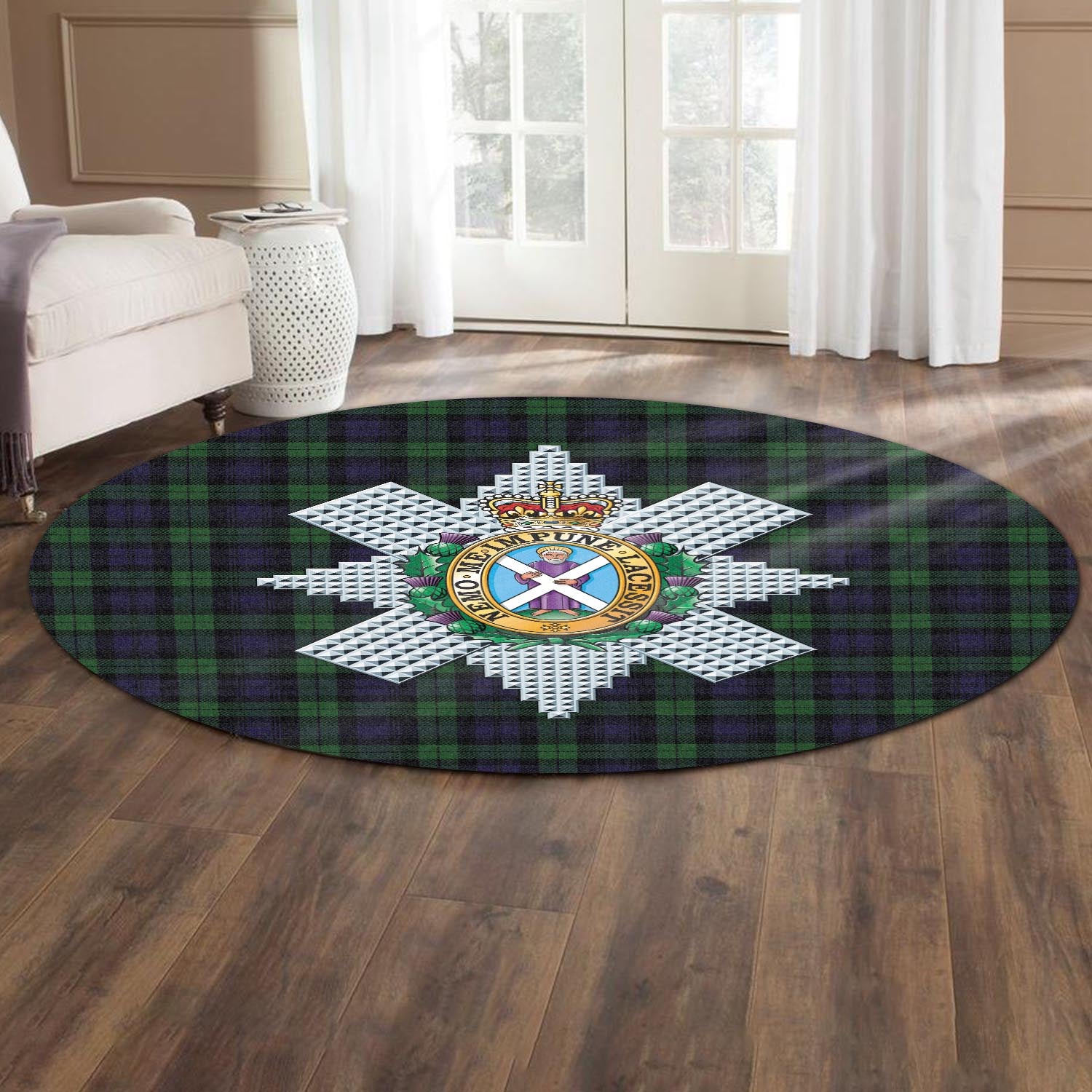 Black Watch Tartan Round Rug with Family Crest - Tartanvibesclothing