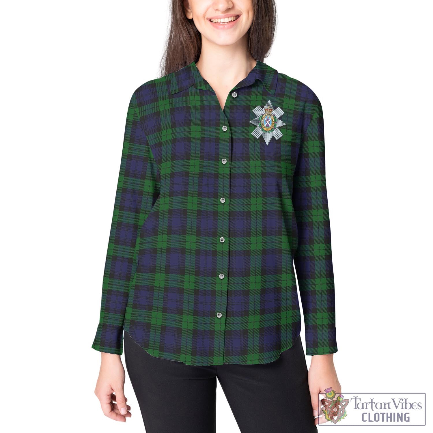 Tartan Vibes Clothing Black Watch Tartan Womens Casual Shirt with Family Crest