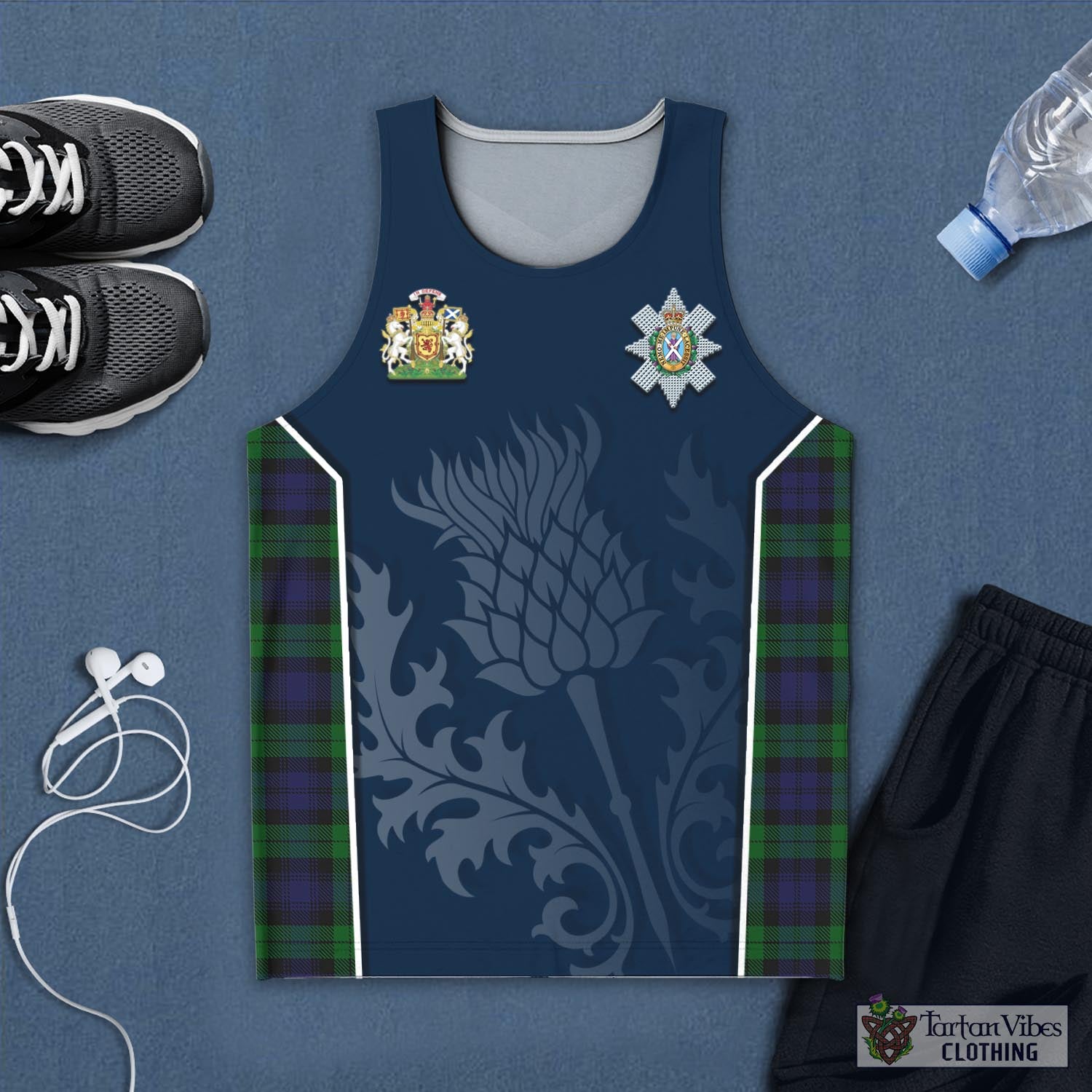 Tartan Vibes Clothing Black Watch Tartan Men's Tanks Top with Family Crest and Scottish Thistle Vibes Sport Style