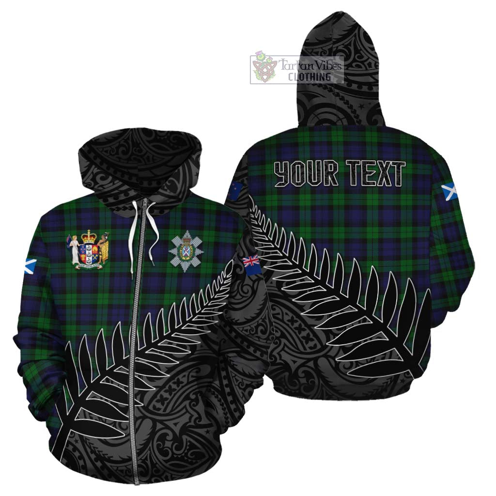 Tartan Vibes Clothing Black Watch Crest Tartan Cotton Hoodie with New Zealand Silver Fern Half Style