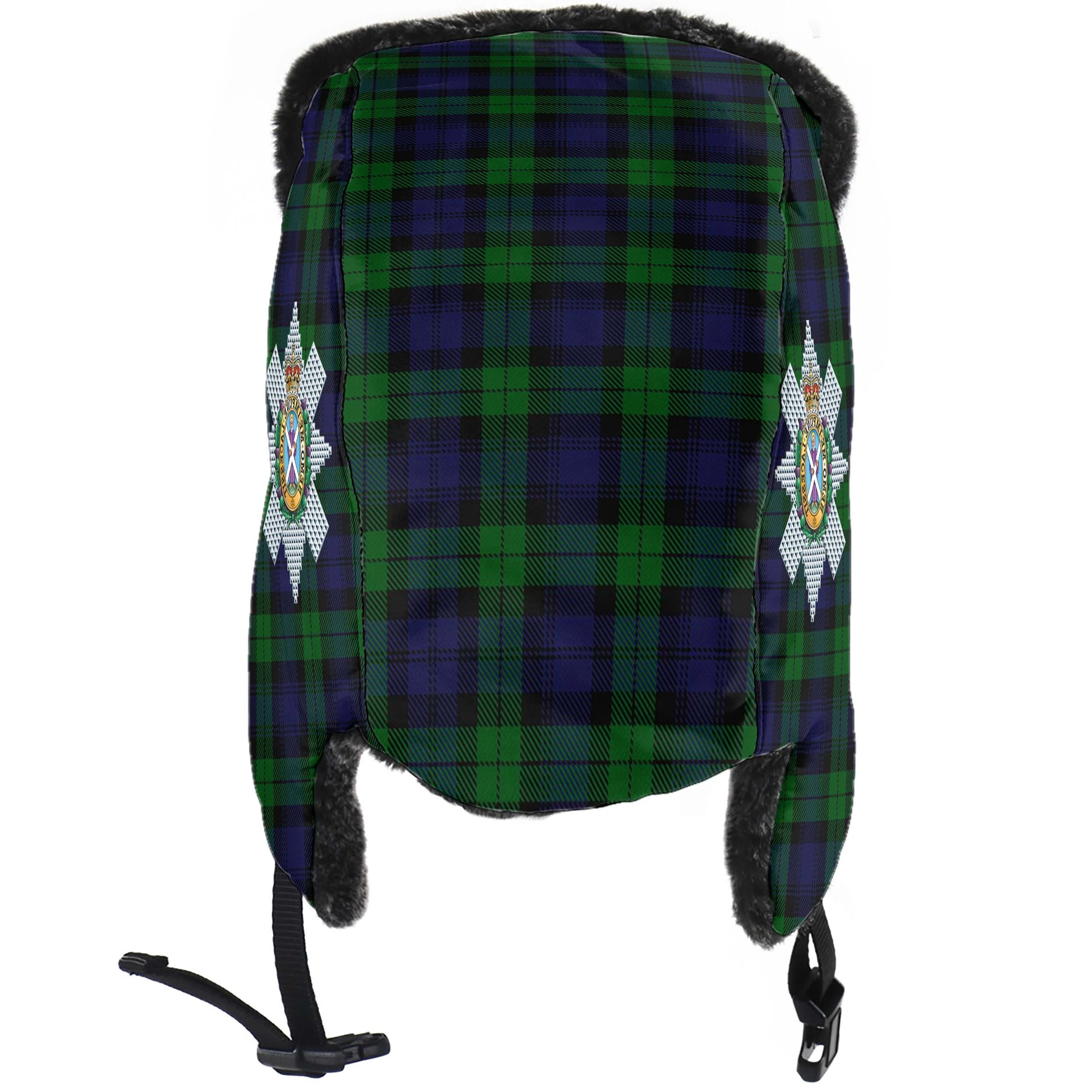 Black Watch Tartan Winter Trapper Hat with Family Crest - Tartanvibesclothing