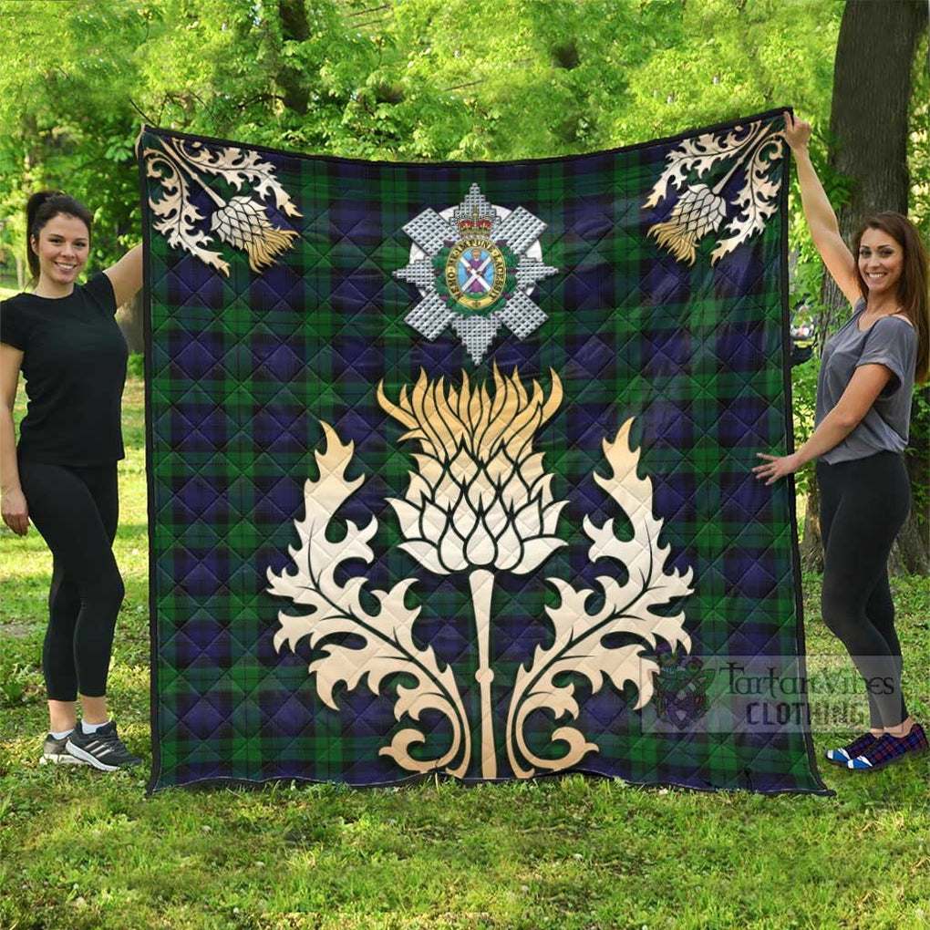 Tartan Vibes Clothing Black Watch Tartan Quilt with Family Crest and Golden Thistle Style