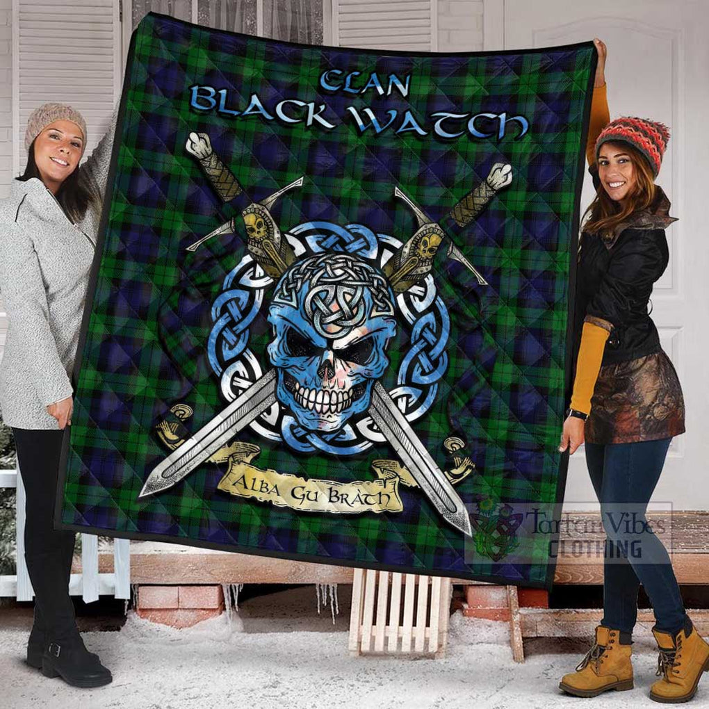 Tartan Vibes Clothing Black Watch Tartan Quilt with Celtic Skull Alba Gu Brath Style