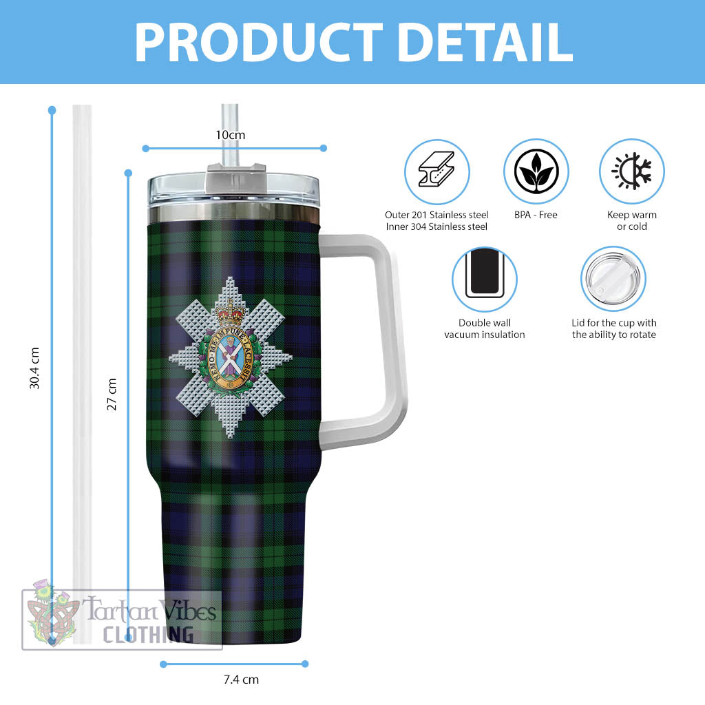 Tartan Vibes Clothing Black Watch Tartan and Family Crest Tumbler with Handle