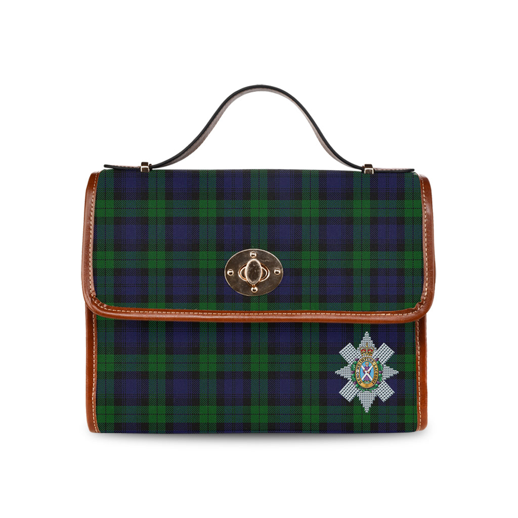 Black Watch Tartan Leather Strap Waterproof Canvas Bag with Family Crest - Tartanvibesclothing