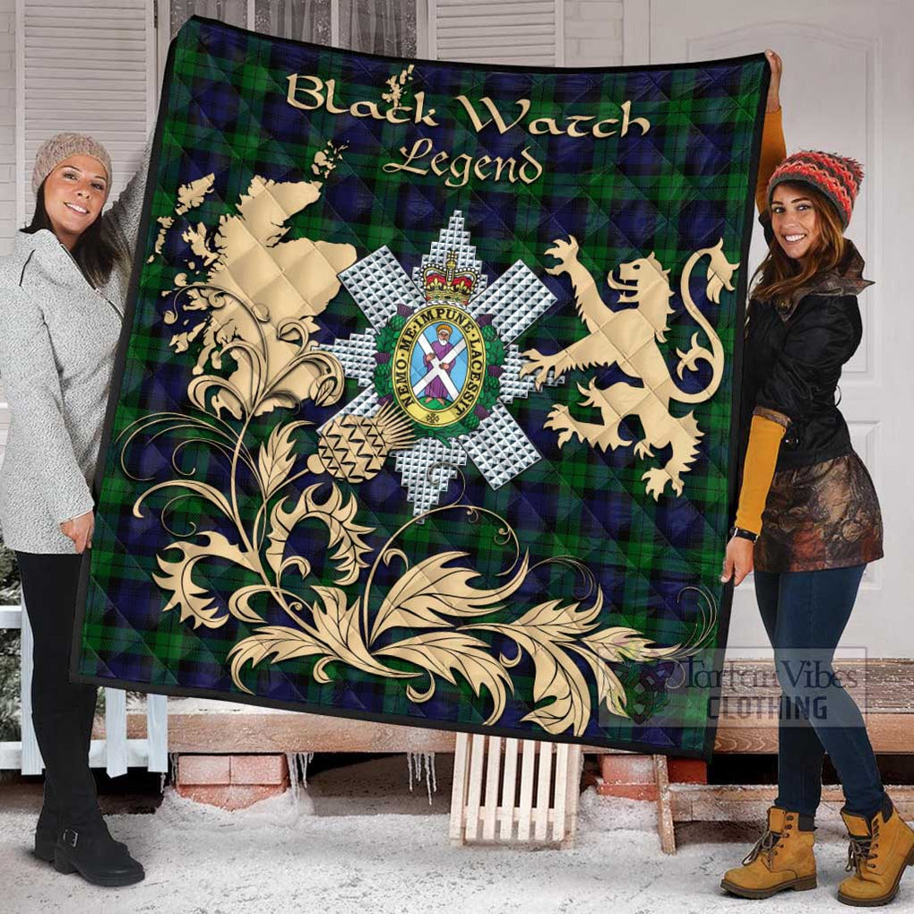 Tartan Vibes Clothing Black Watch Tartan Quilt with Family Crest and Scottish Symbol Style