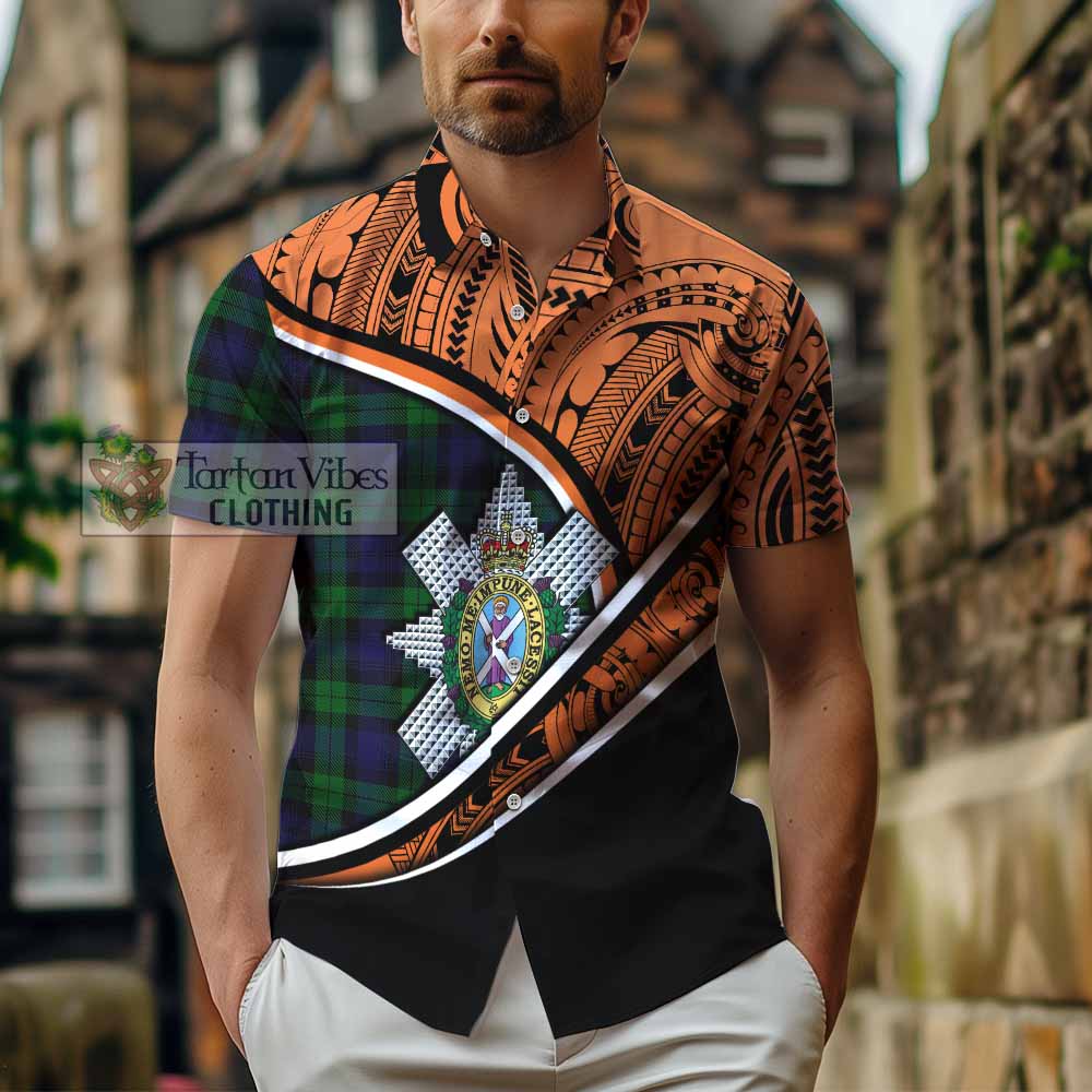 Tartan Vibes Clothing Black Watch Crest Tartan Short Sleeve Button Shirt with Maori Tattoo Style - Orange Version