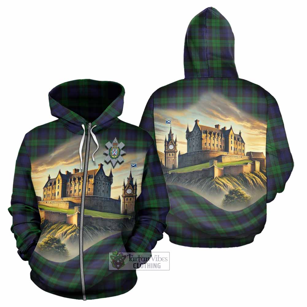 Black Watch Tartan Family Crest Hoodie with Scottish Ancient Castle Style Zip Hoodie - Tartan Vibes Clothing